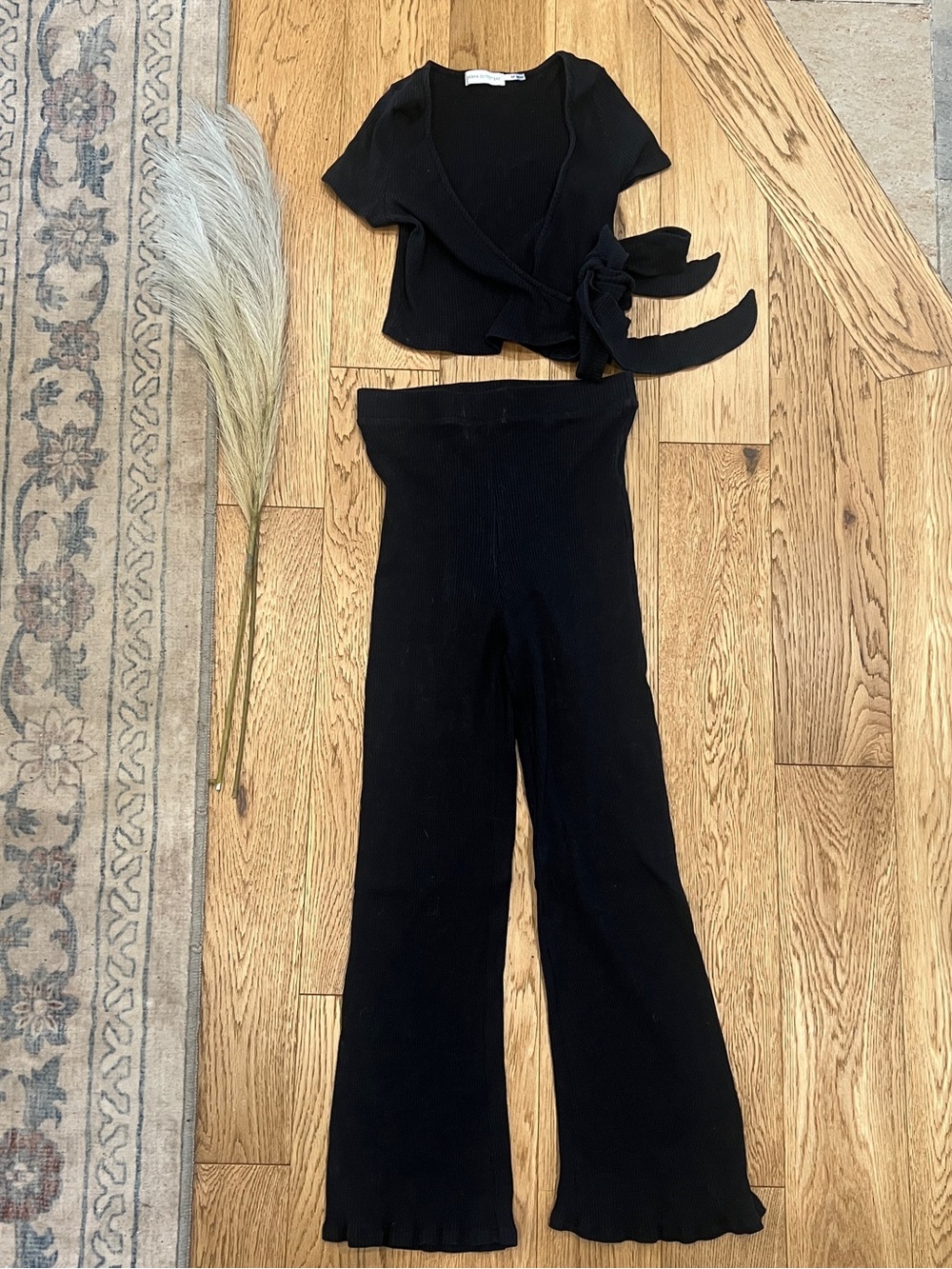 URBAN OUTFITTERS | Black Ribbed Wrap Crop Top & High-Waist Flare Pants Set